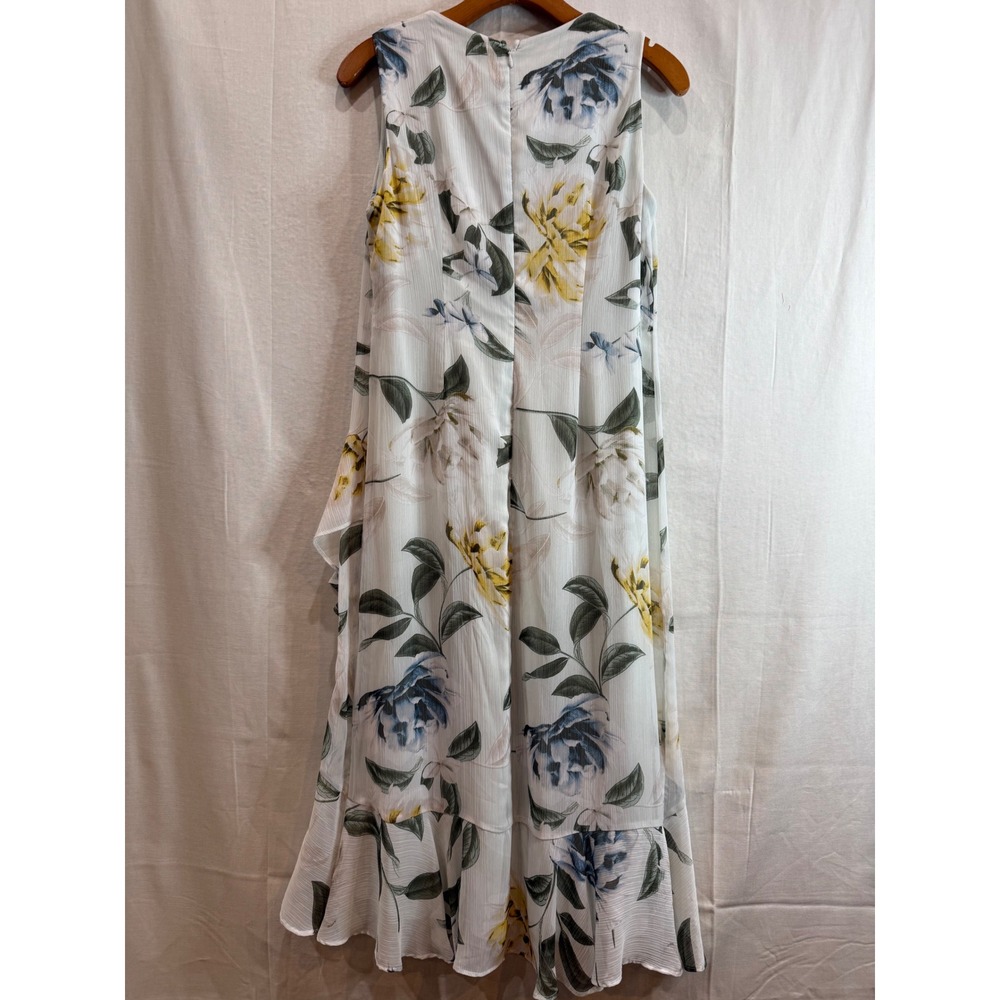 Calvin Klein Floral High-Low Ruffle Chiffon Midi Dress White Blue Yellow Size 8 - Picture 8 of 11
